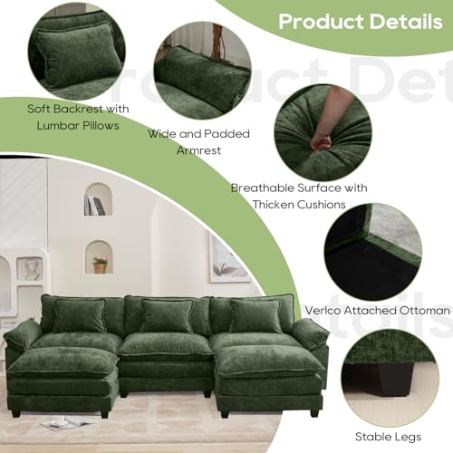 120" Modular Sectional Sofa, Comfy Deep Cloud Couch with Ottoman | U-Shaped Couches for Living Room, Modular Couch, Deep and Wide Seat, Chenille Sofa Sleeper with Throw Pillows, Green - color: Green, size: 120 Inch U