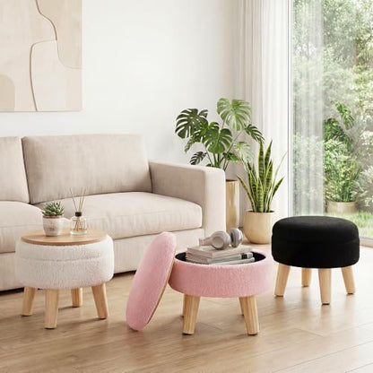 DUMOS Round Storage Ottoman with Reversible Tray Lid, Multi-Functional Footrest, Teddy Velvet Footstool with Wood Legs, Small Coffee Table for Living Room, Bedroom, Ink - color: Ink
