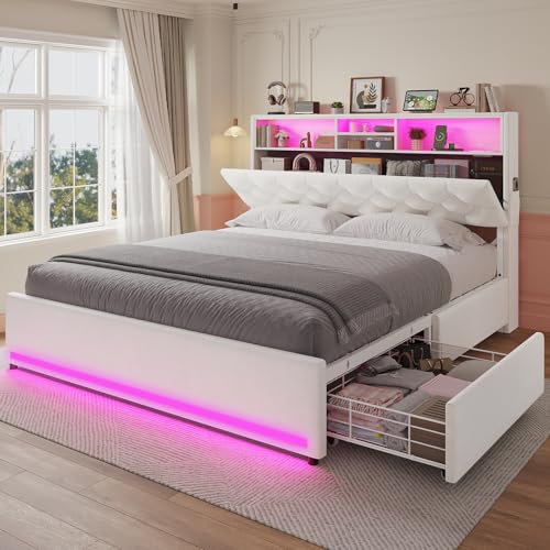 HAUOMS Queen Bed Frame with Headboard and 4 Drawers, Cream Upholstered | Storage Headboard with Charging Station and LED Lights, Velvet Platform Bed with 5 Shelf, Noise Free, No Box Spring Needed - color: Velvet Creamy White, size: Queen (U.S. Standard)