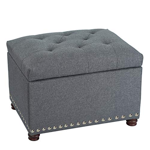 Adeco Classy Linen Blend Fabric Accents Rectangular Storage Bench Ottoman Footstool, Footrest Side Table for Living Room Bedroom, Gray - color: Grey