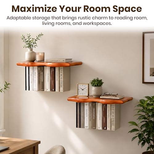 Pine Wood Floating Shelves for Wall, 2 Pack, 15.7 Inch, Dark Brown | Two live edge pine shelves with hidden brackets; each 15.7 inches long and supports books, photos or plants up to 66 lb. - color: Dark Brown