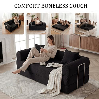 59" Boneless Couch,4-in-1 Futon Sofa Bed Modular Loveseat Sleeper Folding Compressed Couch with Pillows,No Assembly Required Convertible Sofa Bed for Living Room Bedroom Guest Room,Black - color: Black, size: 59.06" Loveseat Sofa