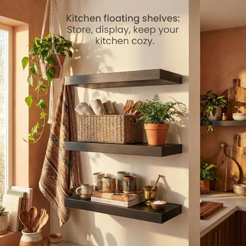 SAUMONIERES Floating Shelves Wall Shelf Solid Wood for Bathroom Bedroom Kitchen Set of 3, Black Wall Shelves - color: Black, size: 16 Inch-3 shelves