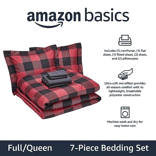 Amazon Basics Full/Queen Comforter Set with Sheets, 5-Piece Red Buffalo Plaid Bedding, Lightweight Microfiber Bed-in-a-Bag - color: Red Buffalo Plaid, size: Full/Queen, style: 1-Pack