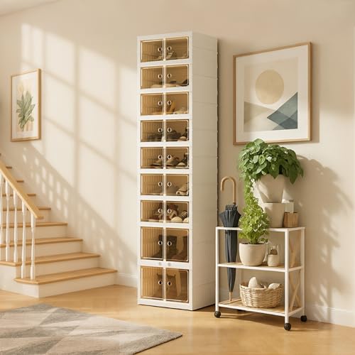 Foldable Shoe Organizer Storage Box, Portable Extra Large Folding Shoe Rack for Closet, Shoe Storage Box with Magnetic Transparent Door and Wheels, 9 Layers 18 Grids with 4 Big Grids - size: White 9 Layers-C