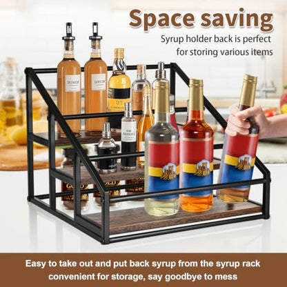 YQBRAO 3-Tier Coffee Syrup Organizer, 12-Bottle Rack, Rustic Brown | Holds up to 12 bottles with stepped visibility and a compact footprint for coffee bars, kitchens, and syrup stations. - size: 3 Tier 12 Bottle Syrup Rack - 1 Pack