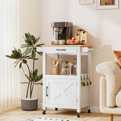 VINGLI Small Kitchen Island on Wheels, Microwave Cart with Drawer & Storage, Barn Door Coffee Station Stand with Hooks & Shelves, Unique White - size: 33"