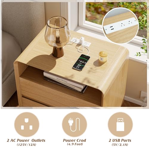 Nasonet Modern Nightstands Set of 2 with Charging Station, Wood End Table Bedroom Nightstands with Drawers, Wide Curved Bedside Table Set 2 for Bedroom, Living Room, Oak - color: Oak, size: 2 Drawers