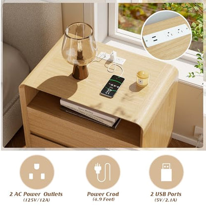 Nasonet Modern Nightstands Set of 2 with Charging Station, Wood End Table Bedroom Nightstands with Drawers, Wide Curved Bedside Table Set 2 for Bedroom, Living Room, Oak - color: Oak, size: 2 Drawers