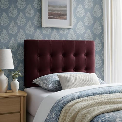 Modway Emily Twin Size Performance Velvet Headboard in Mulberry - Stain-Resistant Velvet Upholstery with Button Tufting and 7 Adjustable Height Positions - color: Mulberry, size: Twin