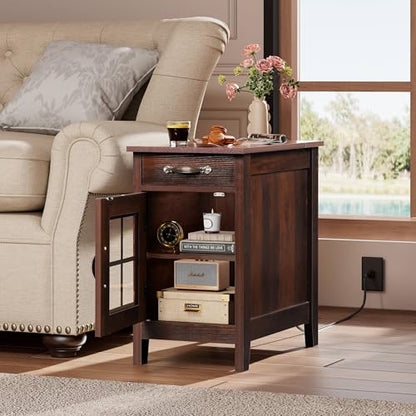 WLIVE End Table with Charging Station, Narrow Nightstand for Living Room, Farmhouse Night Stand with Storage, Small Wooden Cabinet Side Table with USB Ports and Outlets, 23.62"D x 13.78"W x 23.62"H - color: Espresso