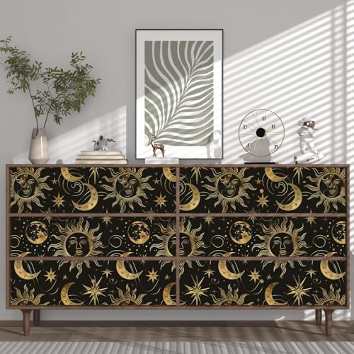 Celestial Sun Moon Wallpaper Peel and Stick 17.5"x 118",Black/Golden | Self Adhesive/Removable/Waterproof/Thick Vinyl Contact Paper for Bathroom Bedroom Shelf Cabinet Drawer,Prepasted,Easy Peel - color: Gold moon, size: 17.5" x 118"