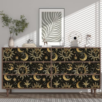 Celestial Sun Moon Wallpaper Peel and Stick 17.5"x 118",Black/Golden | Self Adhesive/Removable/Waterproof/Thick Vinyl Contact Paper for Bathroom Bedroom Shelf Cabinet Drawer,Prepasted,Easy Peel - color: Gold moon, size: 17.5" x 118"