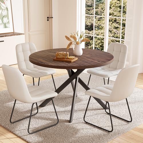 HIPIHOM 45.3 Inch Round Dining Table Set for 4, Mid Century Modern Small Coffee Set for Dining Room Kitchen Apartment (Dark Walnut Table + 4 U-Shaped White Chairs) - color: Walnut Table+4 U-shaped White Chairs