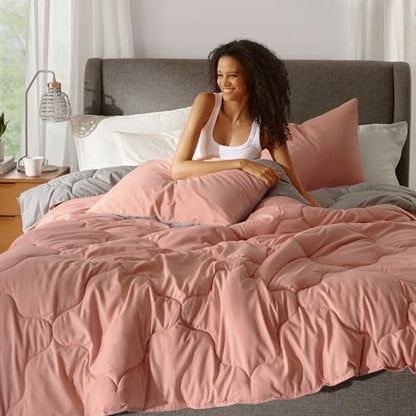 Comfort Spaces Vixie Reversible Comforter Set - Trendy Casual Geometric Quilted Cover, All Season Down Alternative Cozy Bedding, Matching Sham, Coral/Gray, Twin/Twin XL 2 piece | Down Alternative, All Season, Bedding for Bedroom, Geometric Pattern, Revers