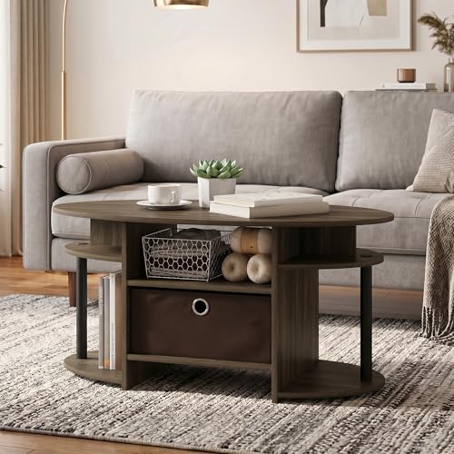 Oval Modern Coffee Table with Side Shelves and Storage Bin, Side Table with Shelf, Coffee Table, for Bedroom, Living Room, Home Office, Columbia Walnut - color: Columbia Walnut/Black/Dark Brown