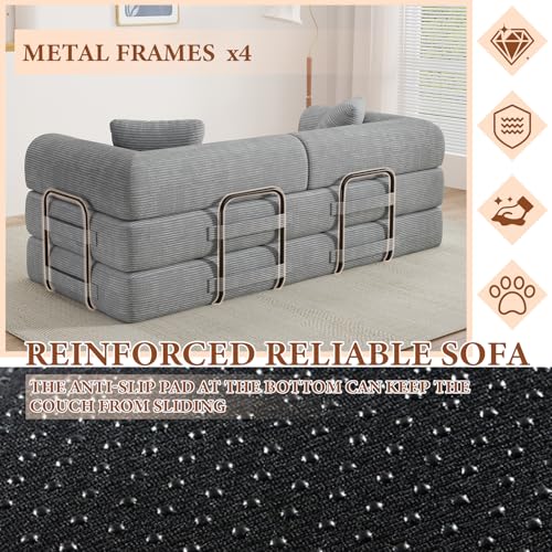 77" Convertible Sofa Bed, Modular Folding Futon Corduroy Floor Foam Compressed Loveseat Sleeper Sofa Couch, Pull Out Queen Size Couch Bed with 2 Pillows for Living Room Guest Room Studio, Light Grey