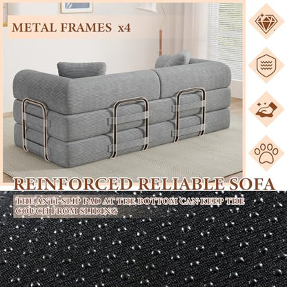 77" Convertible Sofa Bed, Modular Folding Futon Corduroy Floor Foam Compressed Loveseat Sleeper Sofa Couch, Pull Out Queen Size Couch Bed with 2 Pillows for Living Room Guest Room Studio, Light Grey