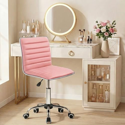 JUMMICO Armless Vanity Office Chair with Wheels, Small Cute Makeup Desk Chair Ribbed Leather Swivel Computer Task Chair (Pink) - color: Pink