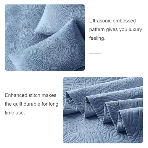 WURUIBO Full/Queen Quilt Set Bluish Grey,Ultrasonic Embossed Bedspread, Lightweight Microfiber Coverlet, Modern Thin Bedding Set for All Season, 3 Piece(1 Quilt,2 Pillow Shams) - color: Bluish Grey, size: Full/Queen(90"x96")