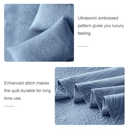 WURUIBO Full/Queen Quilt Set Bluish Grey,Ultrasonic Embossed Bedspread, Lightweight Microfiber Coverlet, Modern Thin Bedding Set for All Season, 3 Piece(1 Quilt,2 Pillow Shams) - color: Bluish Grey, size: Full/Queen(90"x96")