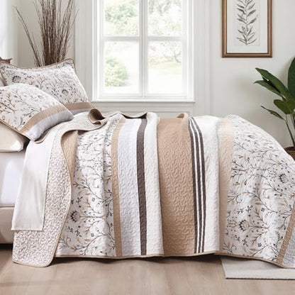 100% Cotton Quilt Set Queen Size - Reversible Botanical Quilted Comforter, Queen Quilt Bedspread, Lightweight Bedding, 3pcs, Brown/Beige - color: Brown/Beige, size: Queen(90"x98")