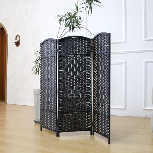 3-Panel Short Room Divider, 3.9 ft Freestanding Partition Wall, Dark Brown Rattan Double-Sided Folding Screen for Living Room, Bedroom & Corner Privacy - color: Dark Brown, size: 3 Panel