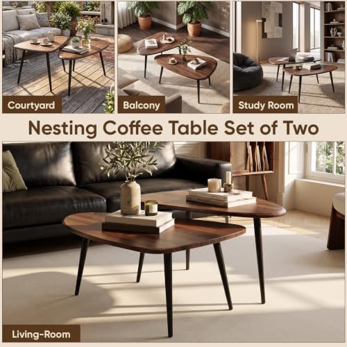 Nesting Coffee Table Set,Mid Century Modern Coffee Nesting Table | Solid Wood Triangle Oval Center Table for Small Living Room Apartment Balcony, Walnut