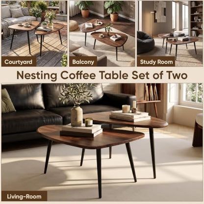 Nesting Coffee Table Set,Mid Century Modern Coffee Nesting Table | Solid Wood Triangle Oval Center Table for Small Living Room Apartment Balcony, Walnut