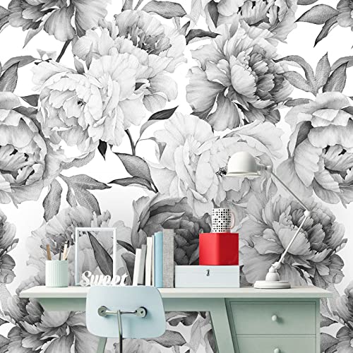 Removable Peel 'n Stick Wallpaper, Self-Adhesive Wall Mural, Watercolor Floral Pattern, Nursery Decor, Custom Color • Peonies Grey 'n White (24" W x 60" H Inches) - size: 24"W x 60"H Inches