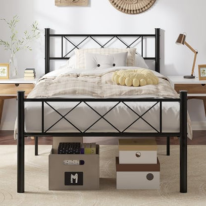 VECELO Twin Size Bed Frame with Headboard, Heavy Duty Bedframe with Strong Metal Slats, No Box Spring Needed & Easy Assembly, Matte Black - color: Matte Black, size: Twin