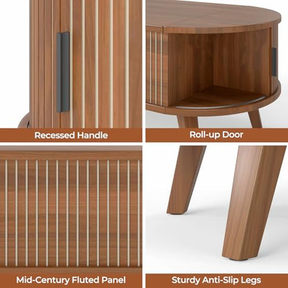 Oval Lift Top Coffee Table with Storage, 47.2" Mid Century Modern Fluted Coffee Table with Sliding Tambour Doors & Hidden Compartment, for Living Room Home Office, Walnut - color: Walnut Oval