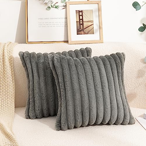 Uhomy Set of 2 Faux Fur Home Decorative Throw Pillow Cover Luxury Super Soft Fuzzy Striped Furry Pillowcase for Sofa Couch Bedroom Comfy Thick Fluffy Plush Cushion Cover 20x20 Inch Grey 50 cm - color: Grey, size: 20" x 20" (Pack of 2)