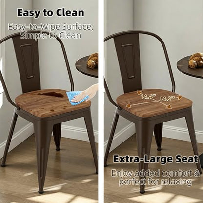 18 Inch Dining Chairs Set of 4, Farmhouse Metal Chairs with High Back and Wooden Seat, Stackable Industrial Bar stools for Dining Room(Rusty) - color: Rusty