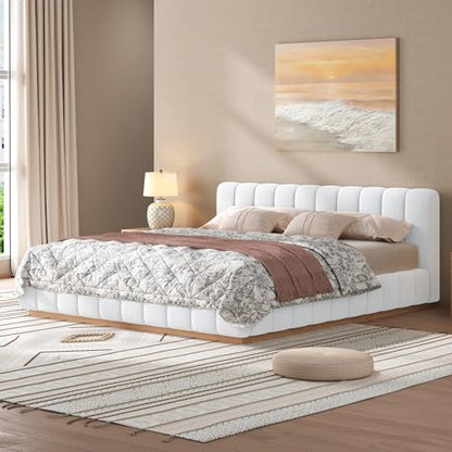 Majnesvon King Size Upholstered Bed Frame, Soft Boucle Bed Frame with Headboard, Low Profile White Platform Bed with Wood Base - size: King (U.S. Standard)