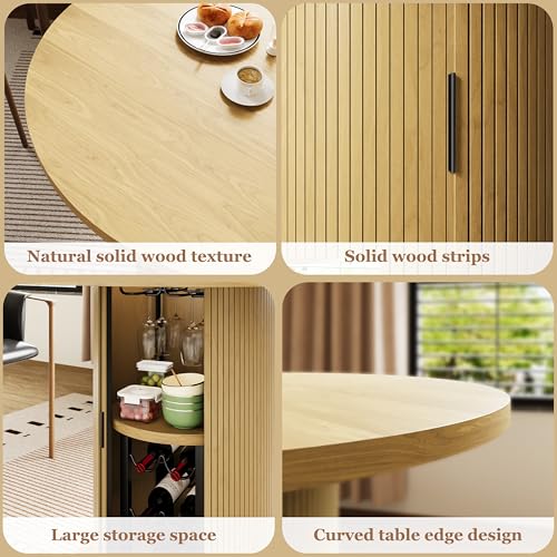Wildhome Round Dining Table for 2-3, 31 Inch Dining Room Kitchen Table with 2-Tier Storage Shelf & Wine Rack, Modern Farmhouse Fluted Wood Slide Door Dinner Furniture,Circle(Non scalable-32 Inch-Oak) - color: Non-scalable-32 Inch-oak