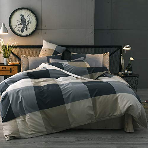 LifeTB Cotton Grid Plaid Duvet Cover Set Queen Reversible Checkered Bedding Set 3 Pieces Vintage Plaid Comforter Cover Farmhouse Grid Soft Breathable Duvet Cover with Zipper Closure, No Comforter - color: A1# Plaid Checkered, size: Queen (90"x90")