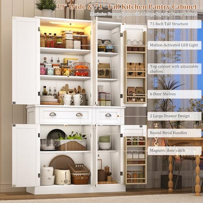 71"H Tall Kitchen Pantry Cabinet with LED Lights,39"W Modern Large Kitchen Hutch Cabinet w/6 Door Shelves,2 Large Drawer,Freestanding Food Pantry w/Adjustable Shelves for Kitchen,Dining Room,White - color: White