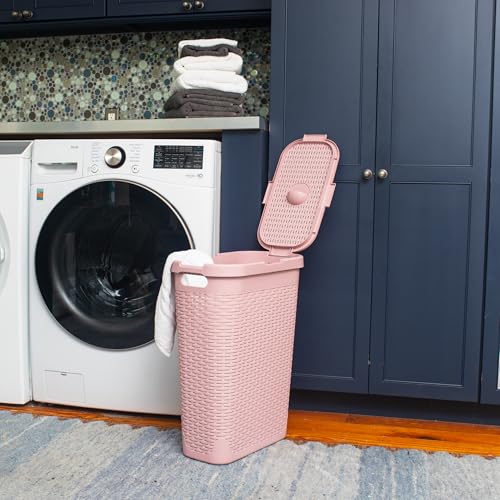 Mind Reader Slim Laundry Hamper with Lid, 40L Clothes Basket, Narrow Tapered Design with Ventilated Cutout Pattern, Plastic, Pink - color: Pink, size: Single