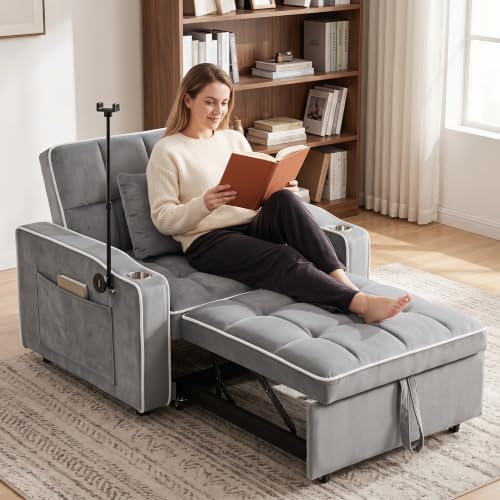 Sleeper Chair with USB Port, 3 In1 Pull Out Sofa Bed, Gray | Adjustable Backrest,Soft Cushioning,Handy Side Pocket,Cup Holders,Phone Holder - color: D-light Gray-kg