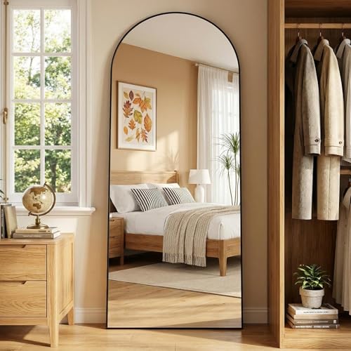 Arched Full Length Mirror 71 x 28 Inch, Full Body Mirror with Stand, Standing Hanging or Leaning Against Wall, Metal Frame Floor Mirror for Bedroom, Living Room, Cloakroom,Black - color: Black, size: 71"L x 28"W