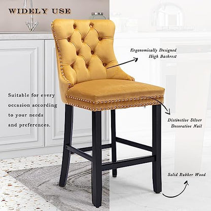 Modern Velvet Upholstered Bar Stools Set of 2 with Wood Legs, Button Tufted,Chrome Nailhead, Counterstool Seat, Armless Bar Chairs (Gold) - color: Gold, size: Set of 2