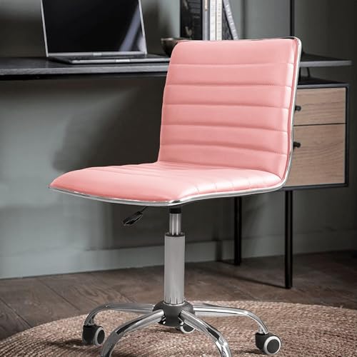 JUMMICO Armless Vanity Office Chair with Wheels, Small Cute Makeup Desk Chair Ribbed Leather Swivel Computer Task Chair (Pink) - color: Pink