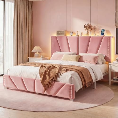 EnHomee Queen Bed Frame with LED Lights & USB, Noise-Free, Pink | Adjustable Velvet Headboard，Under-Bed Storage，Heavy Duty Support with 12 Slats，No Box Spring Needed，Easy Assembly for Bedroom - color: Pink, size: Queen (U.S. Standard)