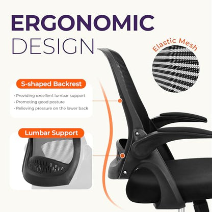 NEO CHAIR Office Desk Chair, Ergonomic Mesh with Flip-Up Arms, All Black | Lumbar Support, Height Adjustment, 360° Swivel and Rolling Base, Space-Saving Design for Home Office, Vanity or Study - color: All Black