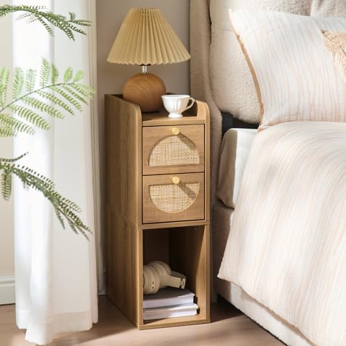 Narrow Nightstand (Rattan & Wood) - Small Bedside Table with 2 Drawers, Open Shelf, Mid Century Modern End Table - for Bedroom, Living Room & Small Spaces, Rustic Oak Rattan - color: Rustic Oak Rattan, size: 7.9"W (1 Pc)