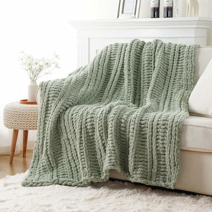 Battilo Chunky Knit Throw Blanket for Couch, 50"x60", Sage Green | Sage Blanket Hand Knit Cozy Warm Thick Soft Chenille Throw Blanket for Bed, Sofa, Chair, Living Room - color: Sage Green
