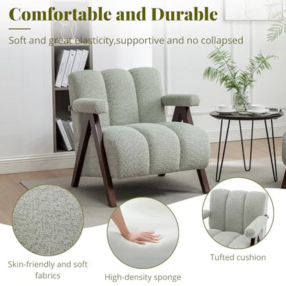 Mid Century Modern Accent Chairs Set of 2 with Solid Wood Frame, Boucle Upholstered Living Room Chairs with Thick Cushion, Comfy Tufted Arm Chair for Bedroom, Sage - color: Sage, size: 1-seater, 2-piece set