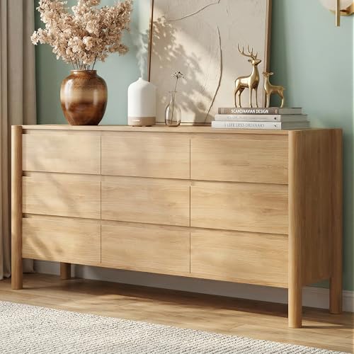 CHUWELL 63" Wide Oak 9 Drawer Dresser for Bedroom with Solid Wood Legs | Mid Century Modern Chest of Drawers with Hidden Handles , Large Wood Storage Dresser for Bedroom - color: Oak, size: 15.7"D x 63"W x 30.7"H (9 Drawers)