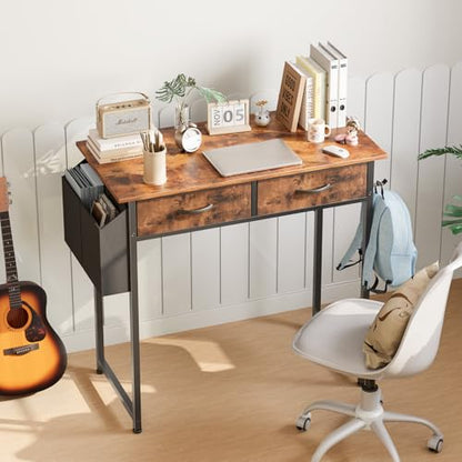 DUMOS 32-Inch Small Computer Desk with Drawers and Hook, Brown | Home Office Desk for Bedroom, Gaming Writing Study Desk with Adjustable Feet - color: Brown, size: 32-In